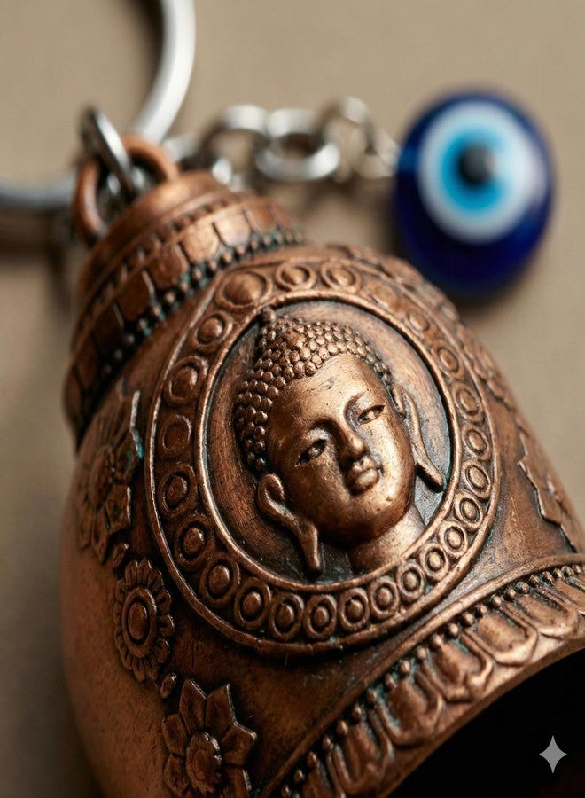 AEROSTARK Bronze Buddha Guardian Bell For Bike Keychain with Evil Eye Charm - Solid Metal Spiritual Protection Key Ring - Positive Energy Lucky Hanging Bell for Car, Home, Bag & Gift for Men & Women - Image 2