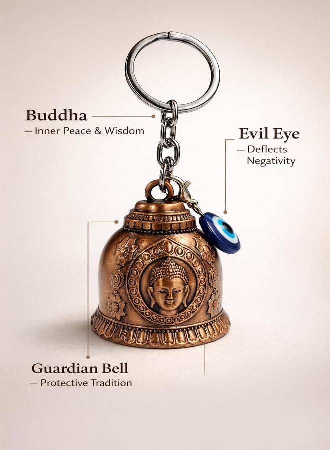 AEROSTARK Bronze Buddha Guardian Bell For Bike Keychain with Evil Eye Charm - Solid Metal Spiritual Protection Key Ring - Positive Energy Lucky Hanging Bell for Car, Home, Bag & Gift for Men & Women - Image 4