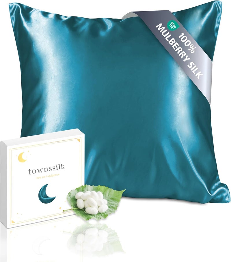 townssilk Double Sided 100% 19mm Pure Blackberry Silk Pillowcase for Hair and Skin Health 1 Piece 40x40cm Pillowcase with Hidden Zipper Peacockblue - Image 1