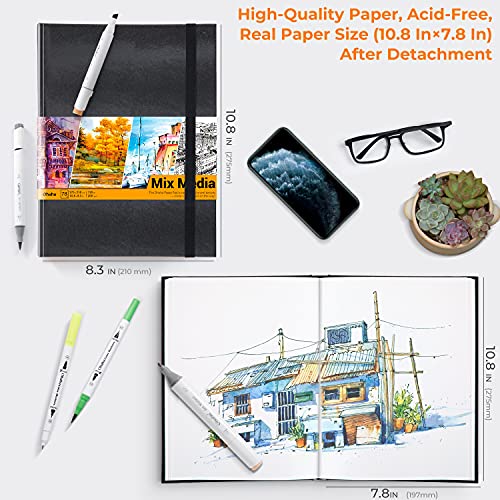 Ohuhu دفتر أوهونو للوسائط المختلطة - 10.8"x8.3" دفتر رسم فني للوسائط المختلطة، 120 رطل/200 جرام ورق ثقيل، 78 ورقة/156 صفحة، غلاف صلب من البولي يوريثان لوسائط مختلطة للرسم بالأكريليك هدية عيد الميلاد - Image 3