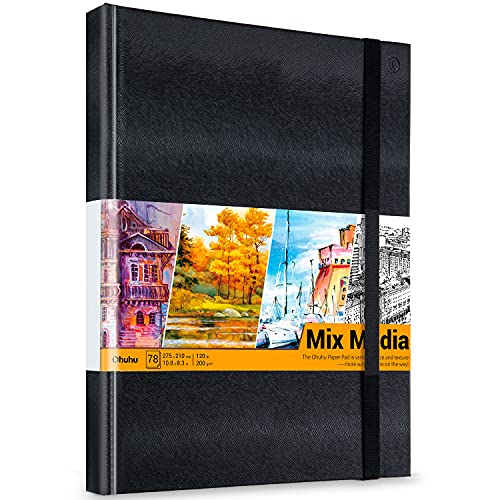 Ohuhu دفتر أوهونو للوسائط المختلطة - 10.8"x8.3" دفتر رسم فني للوسائط المختلطة، 120 رطل/200 جرام ورق ثقيل، 78 ورقة/156 صفحة، غلاف صلب من البولي يوريثان لوسائط مختلطة للرسم بالأكريليك هدية عيد الميلاد - Image 1