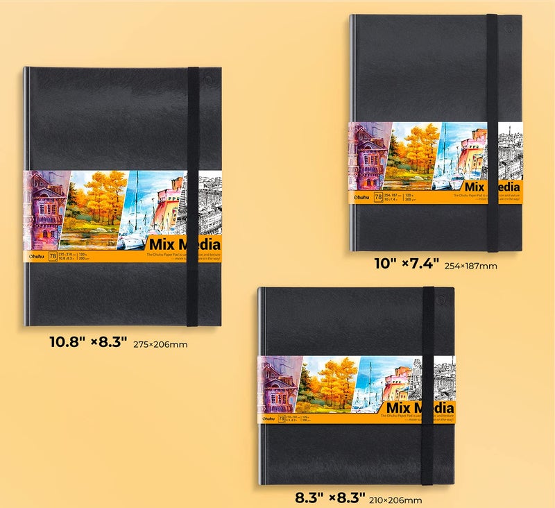 Ohuhu دفتر أوهونو للوسائط المختلطة - 10.8"x8.3" دفتر رسم فني للوسائط المختلطة، 120 رطل/200 جرام ورق ثقيل، 78 ورقة/156 صفحة، غلاف صلب من البولي يوريثان لوسائط مختلطة للرسم بالأكريليك هدية عيد الميلاد - Image 2