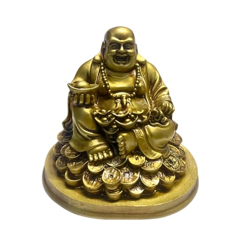 RIPE INDIA Laughing Buddha Statue for Good Luck, Home Decor, Brass Colour, 14 cm , 12 cm - Image 1