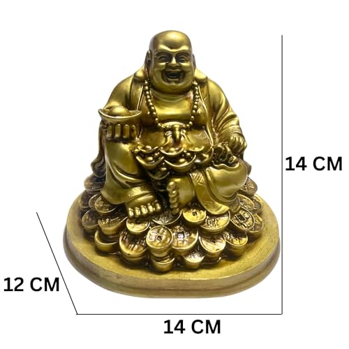 RIPE INDIA Laughing Buddha Statue for Good Luck, Home Decor, Brass Colour, 14 cm , 12 cm - Image 2