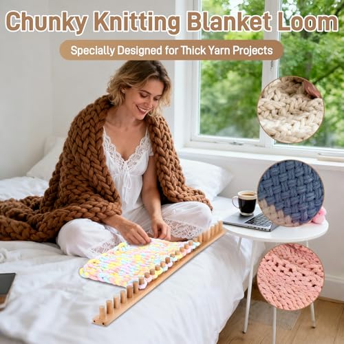 Sienson 48" Chunky Knitting Loom for Blanket Making – Adjustable Wood Frame, Portable DIY Hand Knitting Kit for Beginners, Reusable Blanket Loom for Bulky Yarn Crafts & Gifts - Image 5