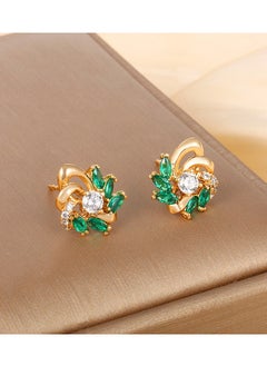 Elegant Emerald Green and Clear Cubic Zirconia Stud Earrings, Gold-Tone with Intricate Prong Setting, Luxurious Style for Special Events and Fashionable Daily Wear