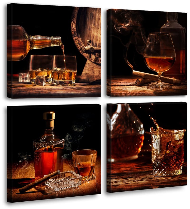 Kitchen Wall Art Wine Retro Artwork Decor Whisky Pictures Canvas Print Painting for Dining Room Bar Decorations Accessories 12X12X4 Framed