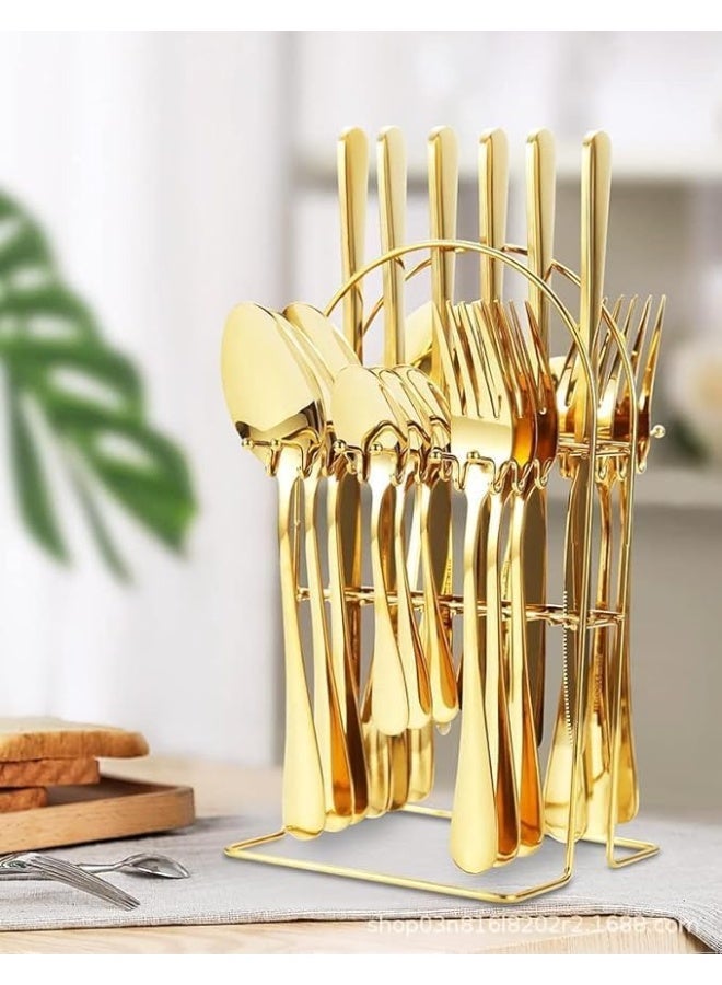 24-Piece Gold Flatware Set with Stand, Mirror Polished Cutlery Service for 6, Includes Knife Fork Spoon - Image 1