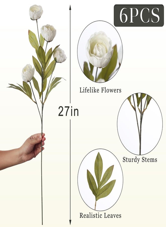 VIERENA 6 Pcs Faux Silk Peony Artificial Flowers for Vase -27", Bulk Fake Peonies Branches with Stems for DIY Bouquet Centerpieces Wedding Fillers Arrangements Shower Decorations (Cream) - Image 5