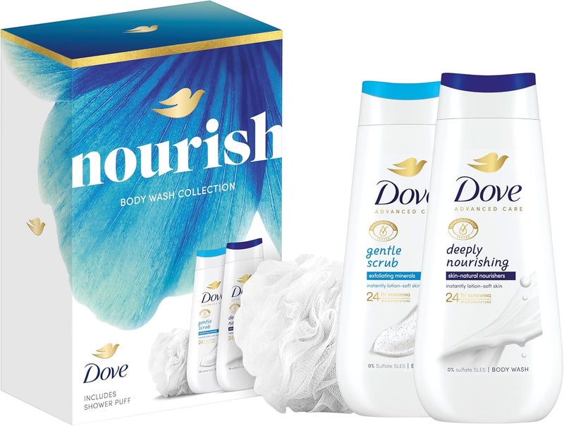 Dove Nourish Duo Gift Set 2 body washes and a shower puff perfect for any occasion 2 piece