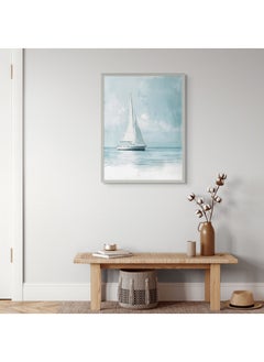 Art Decor Art Decor Framed Fine Art Blue and White Ocean Portrait Sailing Boat on Sea Aesthetic Coastal Print Wall Décor for Living Room Bedroom Home Office Hotel Gifting  - Image 2