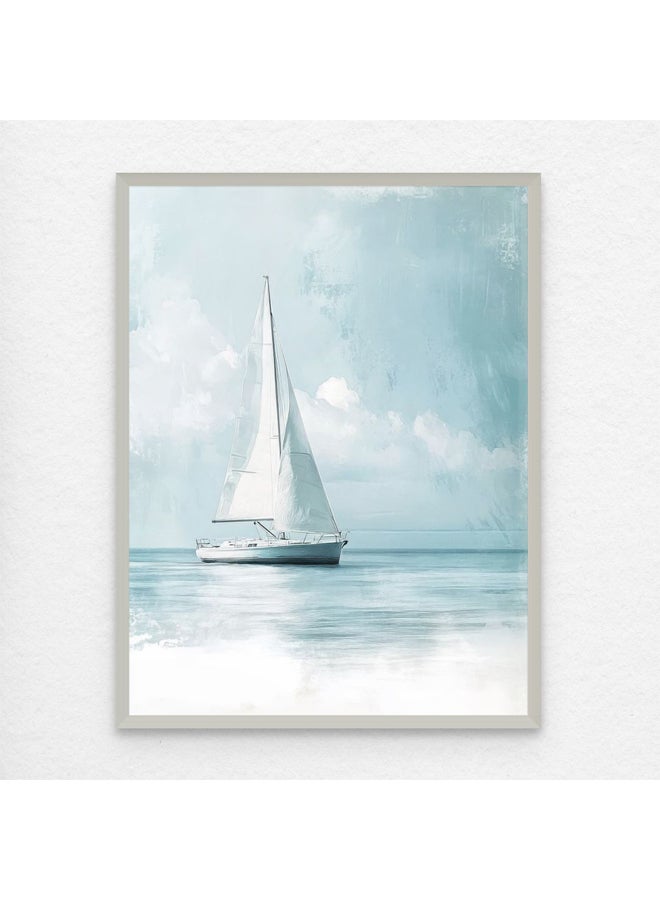 Art Decor Framed Fine Art Blue and White Ocean Portrait Sailing Boat on Sea Aesthetic Coastal Print Wall Décor for Living Room Bedroom Home Office Hotel Gifting - Image 1