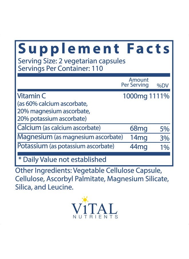 Vital Nutrients Buffered C Gentle Vitamin C For Sensitive Individuals 220 Vegetarian Capsules Per Bottle 500 Mg - Image 3