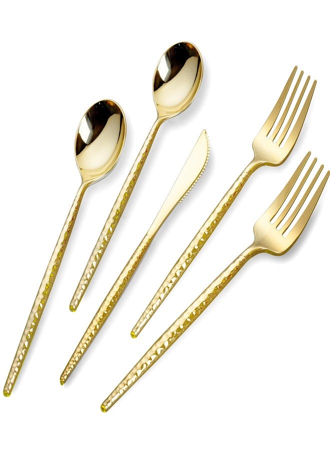 SUT 150 PCS Gold Plastic Silverware, Gold Disponsable Utensils, Plastic Silverware Heavy Duty, Includes 50 Knives, Forks and Spoons, Hammered Disponsable Cutlery for Wedding, Birthday, Party - Image 1