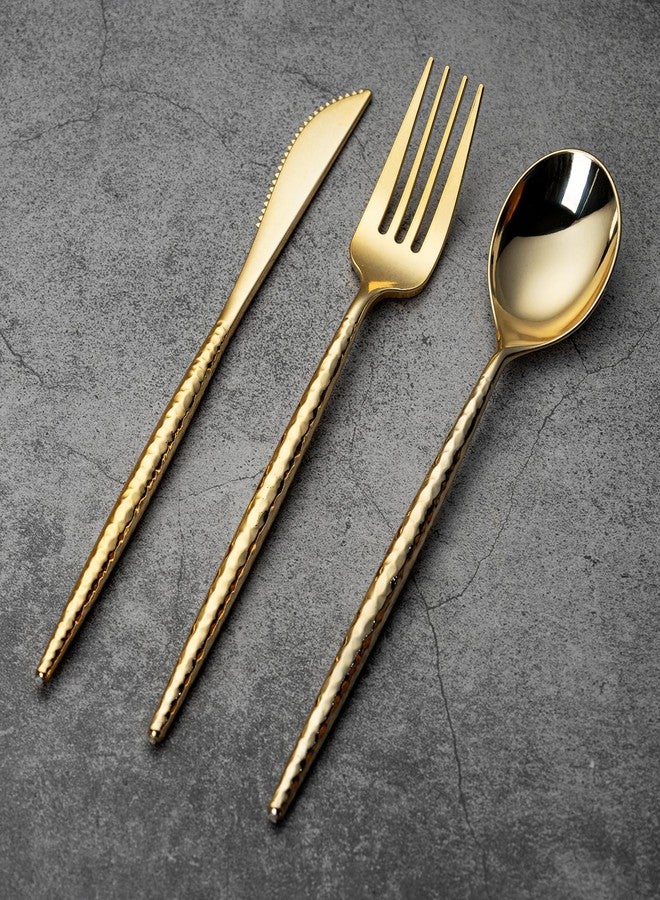 SUT 150 PCS Gold Plastic Silverware, Gold Disponsable Utensils, Plastic Silverware Heavy Duty, Includes 50 Knives, Forks and Spoons, Hammered Disponsable Cutlery for Wedding, Birthday, Party - Image 3