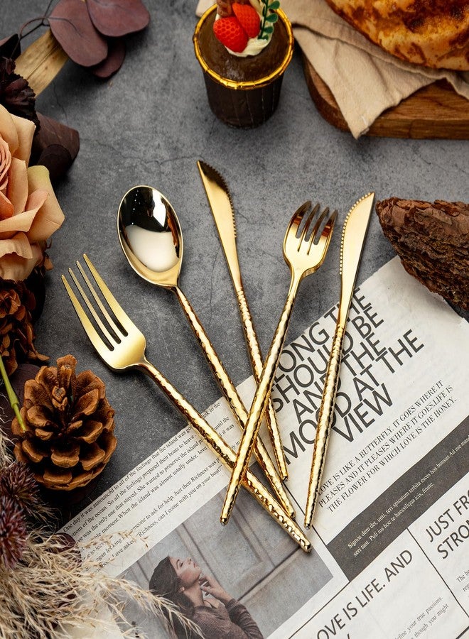 SUT 150 PCS Gold Plastic Silverware, Gold Disponsable Utensils, Plastic Silverware Heavy Duty, Includes 50 Knives, Forks and Spoons, Hammered Disponsable Cutlery for Wedding, Birthday, Party - Image 2