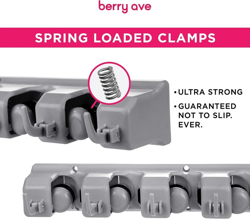 Berry Ave Combo 5 Slot Broom Holder w/ 1 Self Adhesive Mop Gripper No-Drilling, Wall Mount Tool Organizers For Kitchen, Garage, Laundry Room- Anti-Slip Hanger For Brooms, Mops, Rakes, Dustpans (Grey / White) - Image 3