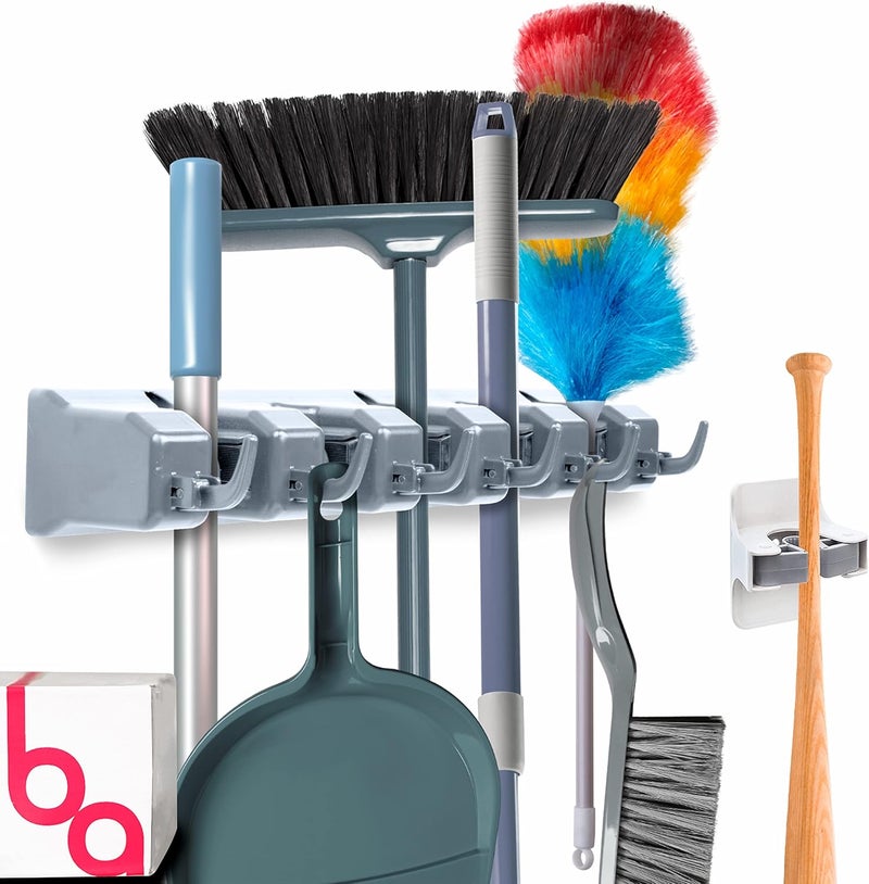 Berry Ave Combo 5 Slot Broom Holder w/ 1 Self Adhesive Mop Gripper No-Drilling, Wall Mount Tool Organizers For Kitchen, Garage, Laundry Room- Anti-Slip Hanger For Brooms, Mops, Rakes, Dustpans (Grey / White) - Image 1