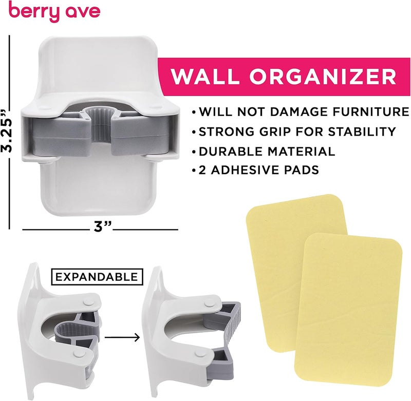 Berry Ave Combo 5 Slot Broom Holder w/ 1 Self Adhesive Mop Gripper No-Drilling, Wall Mount Tool Organizers For Kitchen, Garage, Laundry Room- Anti-Slip Hanger For Brooms, Mops, Rakes, Dustpans (Grey / White) - Image 5