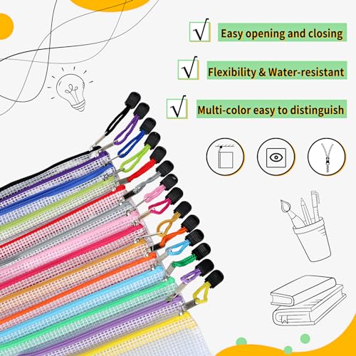 EOOUT 14pcs Zip Pouch Organizers, Mesh Bags with Zipper, 8 Sizes 14 Colors, Waterproof, for Travel, School, Office & Home - Image 3