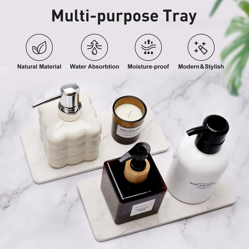 Deceram 2 Pcs Water Absorbing Stone Drying Trays for Bathroom Sink Kitchen Counter Soap Dish Dispenser Sponge Holder White Ceramic Bathroom Vanity Quick Dry Stone Mat for Kitchen Sink Marble Diatomite Tray - Image 2