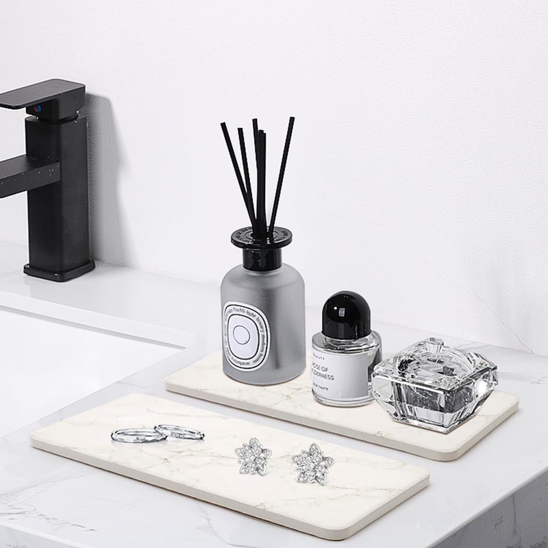 Deceram 2 Pcs Water Absorbing Stone Drying Trays for Bathroom Sink Kitchen Counter Soap Dish Dispenser Sponge Holder White Ceramic Bathroom Vanity Quick Dry Stone Mat for Kitchen Sink Marble Diatomite Tray - Image 4