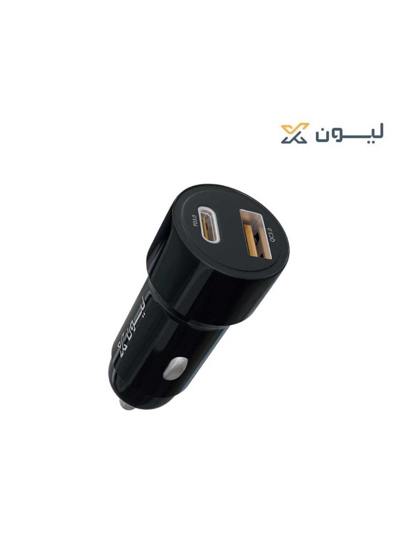 Lionx Lion X 48W Fast Car Charger with 2 Ports PD Port and USB Port Black