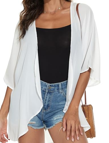 CHICGAL Women Summer Tops Kimono Cardigans Sheer Beach Cover Ups Chiffon Open Front Shirts （White,M - Image 4