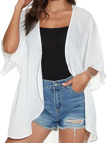CHICGAL Women Summer Tops Kimono Cardigans Sheer Beach Cover Ups Chiffon Open Front Shirts （White,M - Image 5