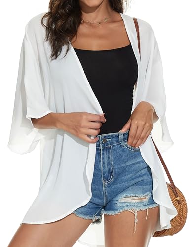CHICGAL Women Summer Tops Kimono Cardigans Sheer Beach Cover Ups Chiffon Open Front Shirts （White,M - Image 2