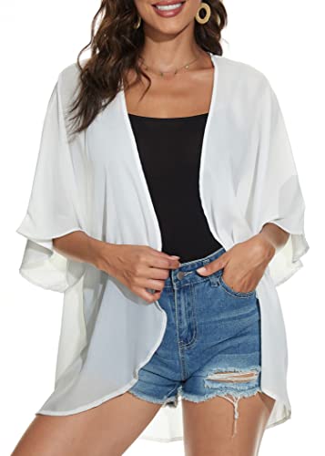 CHICGAL Women Summer Tops Kimono Cardigans Sheer Beach Cover Ups Chiffon Open Front Shirts （White,M - Image 1