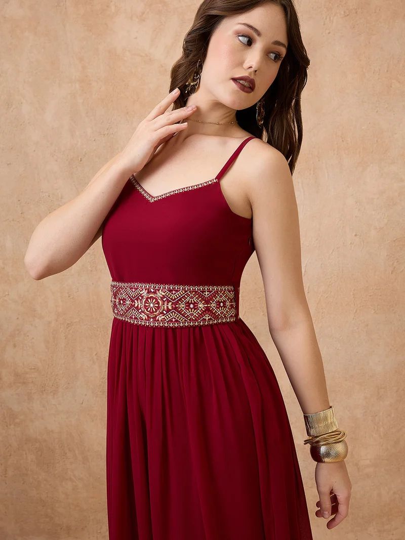 globus Women Sweetheart Neck Shoulder Straps Embroider Tie-Up Tiered A-Line Maxi Festive Dress