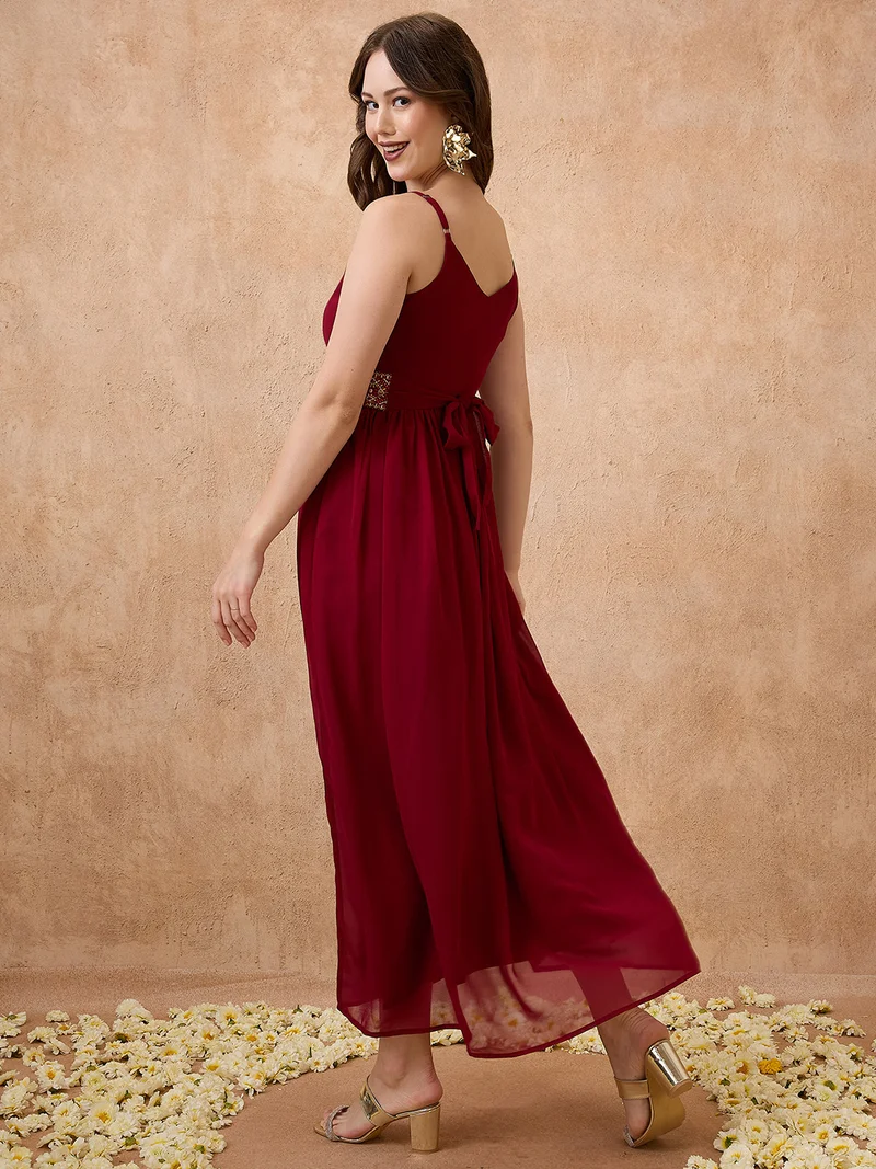 globus Women Sweetheart Neck Shoulder Straps Embroider Tie-Up Tiered A-Line Maxi Festive Dress