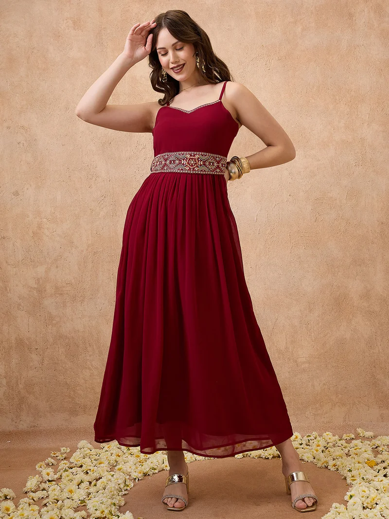 globus Women Sweetheart Neck Shoulder Straps Embroider Tie-Up Tiered A-Line Maxi Festive Dress