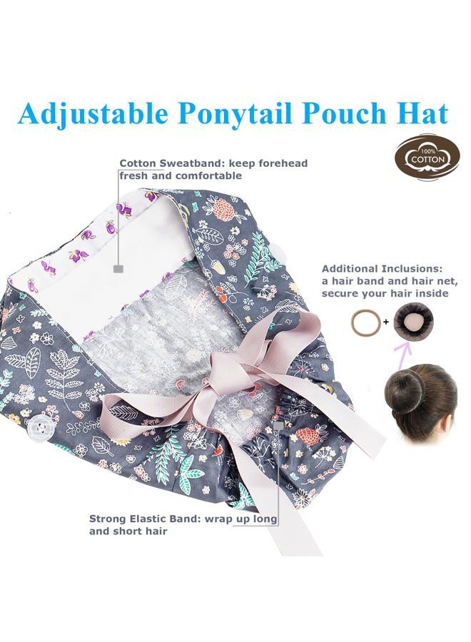 FADACHY Scrub Caps Women,Ponytail Holder Working Cap with Buttons Ribbon Tie for Women Laies, Long Hair, Printing-a, One size - Image 2