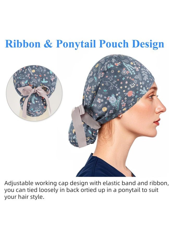 FADACHY Scrub Caps Women,Ponytail Holder Working Cap with Buttons Ribbon Tie for Women Laies, Long Hair, Printing-a, One size - Image 4