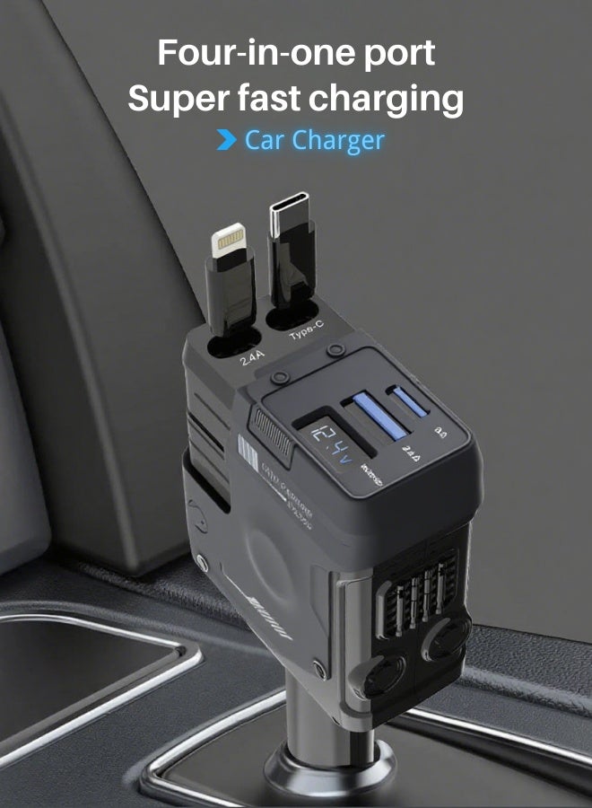 شاحن سيارة سريع 12 فولت/24 فولت مع كابل قابل للسحب - كابل شحن سريع مزدوج USB-C PD قابل للسحب، محول طاقة سريع للسيارة PD20 وات لهاتف iPhone Type C، مقبس شاحن USB بلوتوث 40 وات للسيارة مع iPhone وSamsung وGalaxy وHuawei وXiaomi | شحن سريع 4 في 1 من النوع C - أسود ميكا - Image 2