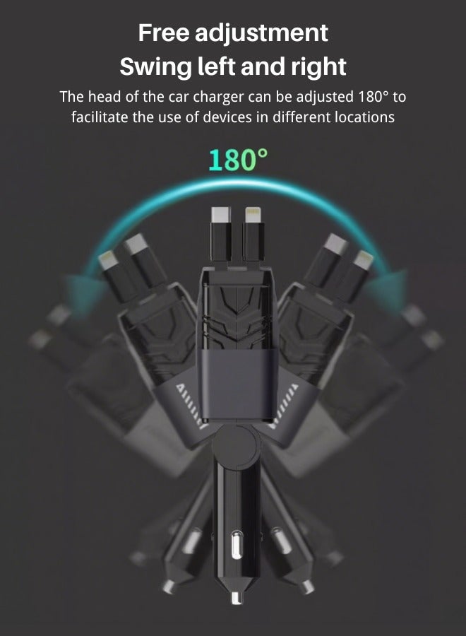 شاحن سيارة سريع 12 فولت/24 فولت مع كابل قابل للسحب - كابل شحن سريع مزدوج USB-C PD قابل للسحب، محول طاقة سريع للسيارة PD20 وات لهاتف iPhone Type C، مقبس شاحن USB بلوتوث 40 وات للسيارة مع iPhone وSamsung وGalaxy وHuawei وXiaomi | شحن سريع 4 في 1 من النوع C - أسود ميكا - Image 5