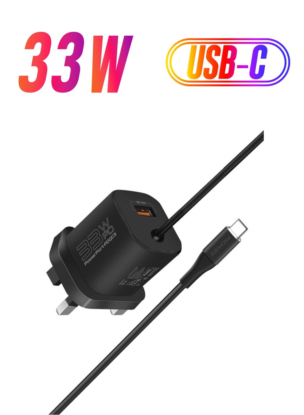 برومات Promate usb-c Charger Power Delivery Wall Adapter With 22 3 0 Port in-built 1 5m type-c 22.5W