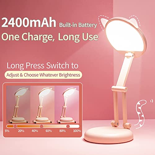 One Fire Cute Desk Lamp Pink Dorm Lamps for College Girls Foldable Portable Rechargeable Dimmable Cute Cat Lamp Kawaii Room Decor,College Dorm Decor for Girls Pink Classroom Essentials - Image 3