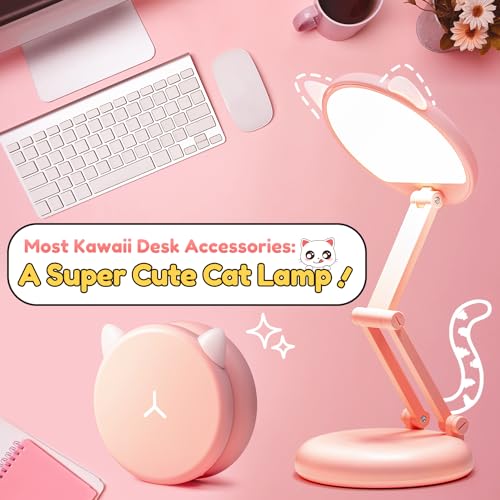 One Fire Cute Desk Lamp Pink Dorm Lamps for College Girls Foldable Portable Rechargeable Dimmable Cute Cat Lamp Kawaii Room Decor,College Dorm Decor for Girls Pink Classroom Essentials - Image 5