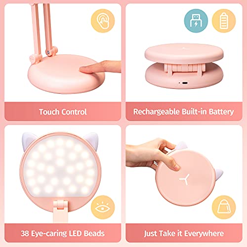 One Fire Cute Desk Lamp Pink Dorm Lamps for College Girls Foldable Portable Rechargeable Dimmable Cute Cat Lamp Kawaii Room Decor,College Dorm Decor for Girls Pink Classroom Essentials - Image 4