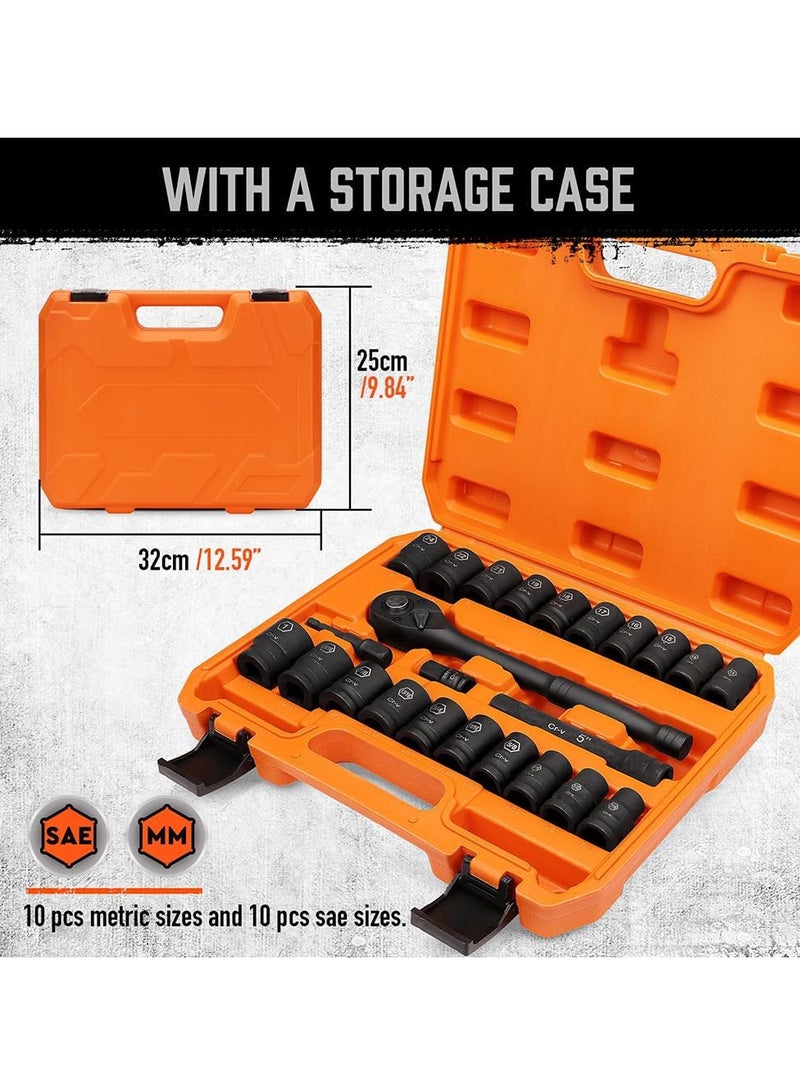 1 / 2 Drive Impact Socket Kit ، 24 عبوة من مقاسات SAE القياسية الخفيفة (7 / 16 -1 ) والمتري (13-24mm) ، 6 نقاط ، Cr-V ، مع مقبض اسئلة محرك 1 / 2 ، محرك تمديد رود  - Image 3