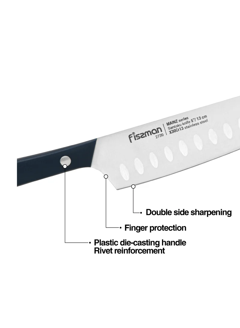 فيسمان 5" Santoku Knife (X30Cr13 steel) Kitchen Knife Ultra Sharp, Stainless Steel X30Cr13 Knife Mainz Series, Professional Razor-Sharp Kitchen Knife Black ABS Ergonomic Handle for Home, Kitchen, Restaurant