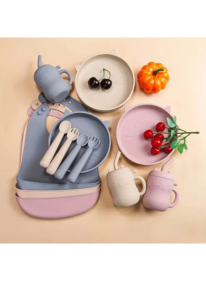 Blue Silicone Cat Bowl Plate with Suction Cup Self Feeding Utensils for Youngsters BPA Free Food Grade Safety First Stage Gift for Christmas Thanksgiving New Year - Image 1