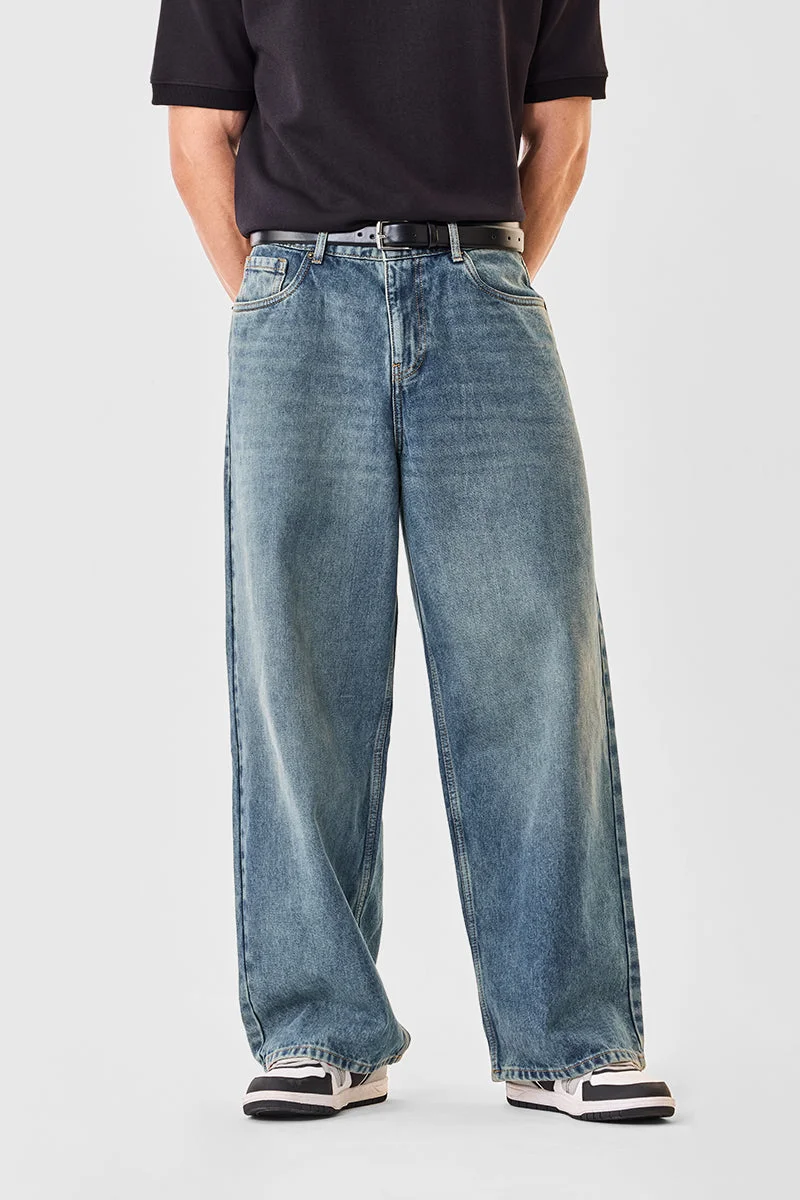 SNITCH Dark Blue Solid Loose Fit Casual Jeans