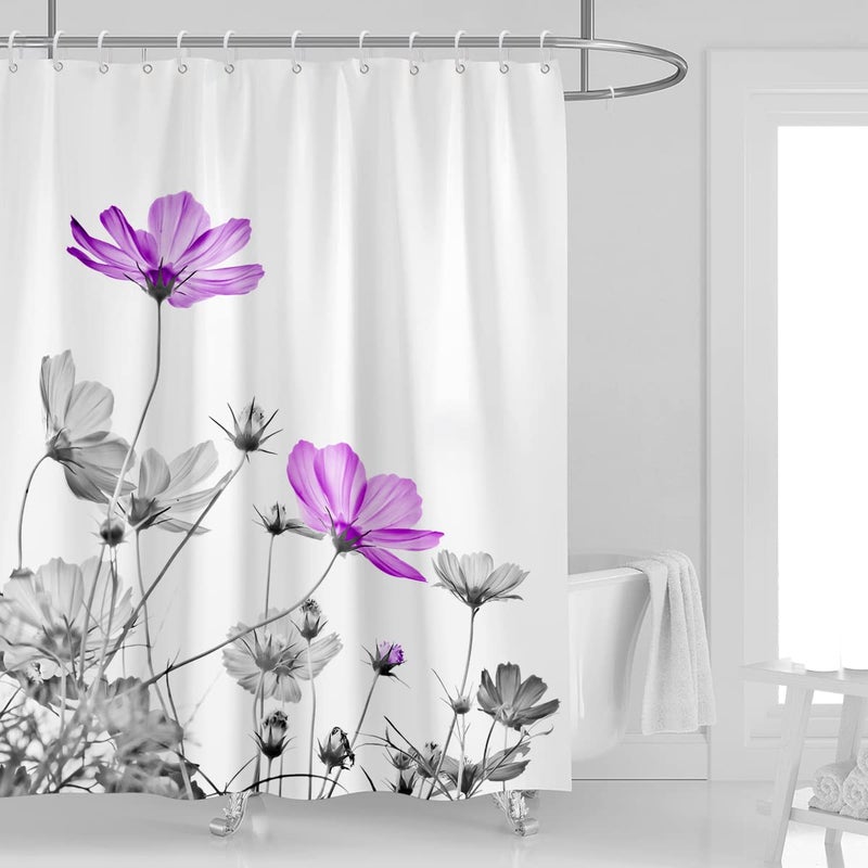 Kikiry Purple Flower Shower Curtain 60''W x 72''L Gray White Daisy Floral Ink Painting Grey Botanical Simple Elegance Bathroom Curtains Polyester Fabric 12 Pack Plastic Hooks - Image 1