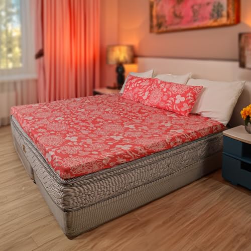 Status Contract Cotton Feel Double Fitted Bedsheet with 2 Pillow Covers for Bed Room, Home, Hotel-120 GSM (Red Flower) - Image 3