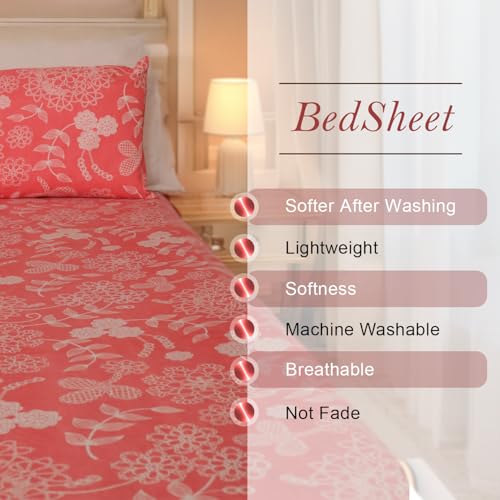 Status Contract Cotton Feel Double Fitted Bedsheet with 2 Pillow Covers for Bed Room, Home, Hotel-120 GSM (Red Flower) - Image 5
