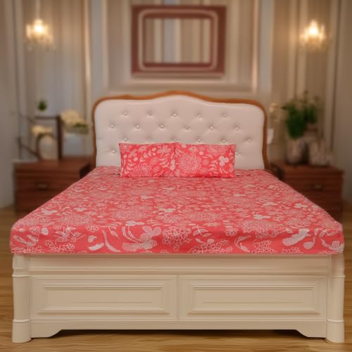 Status Contract Cotton Feel Double Fitted Bedsheet with 2 Pillow Covers for Bed Room, Home, Hotel-120 GSM (Red Flower) - Image 1